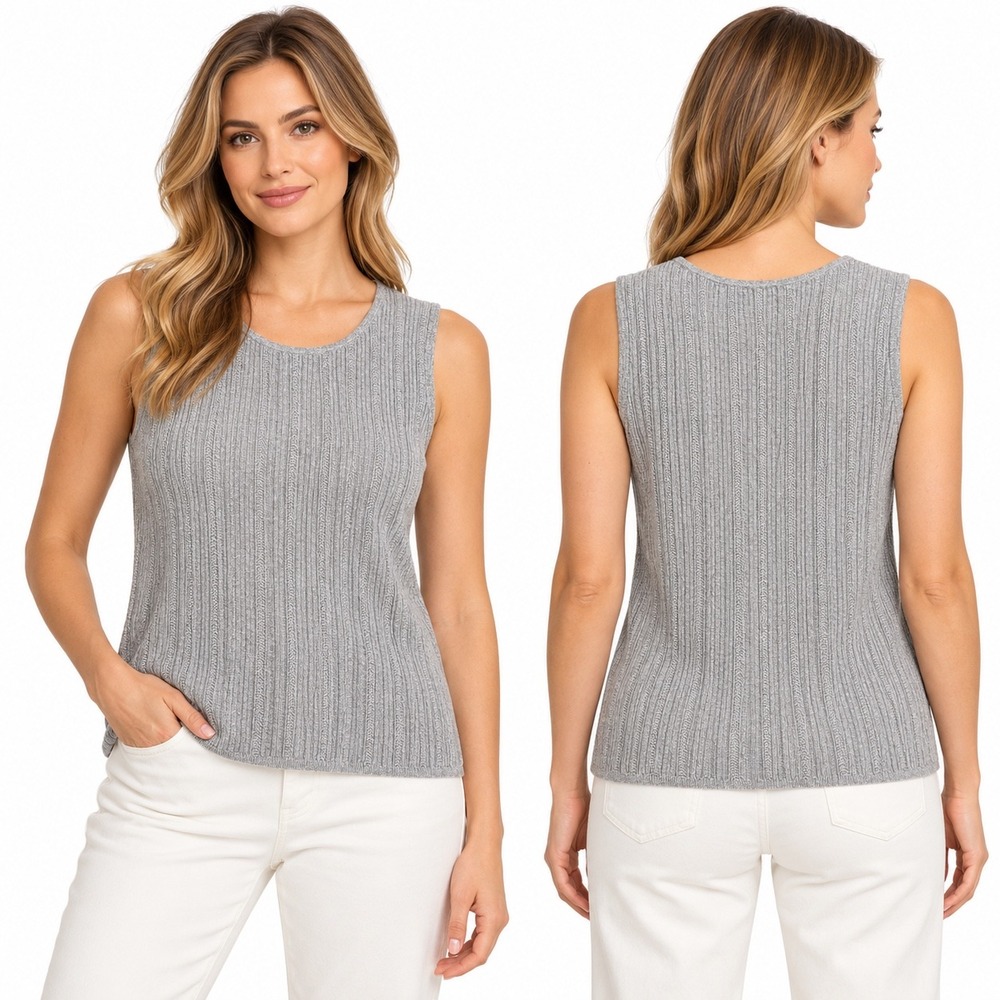 Talbots Womens XL Gray Metallic Ribbed Knit Scoop Neck Sleeveless Shell Tank Top